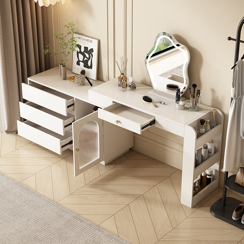 [Pre-order-BTO PACKAGE]2025 New Model (Cream Style) LED Vanity Dressing Table with Mirror, Compact Corner Makeup Desk and Study Table Combo for Small Bedrooms