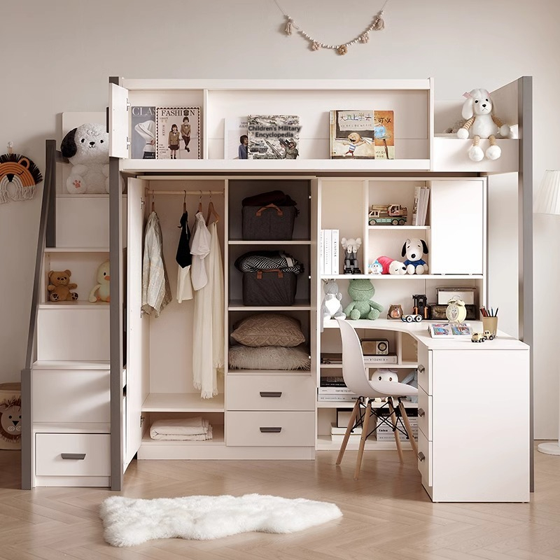 [Pre-order] Cream style solid wood bed and table combination for small household use, including high and low beds for students and children, and a desk with a bunk bed underneath-Smart-Living