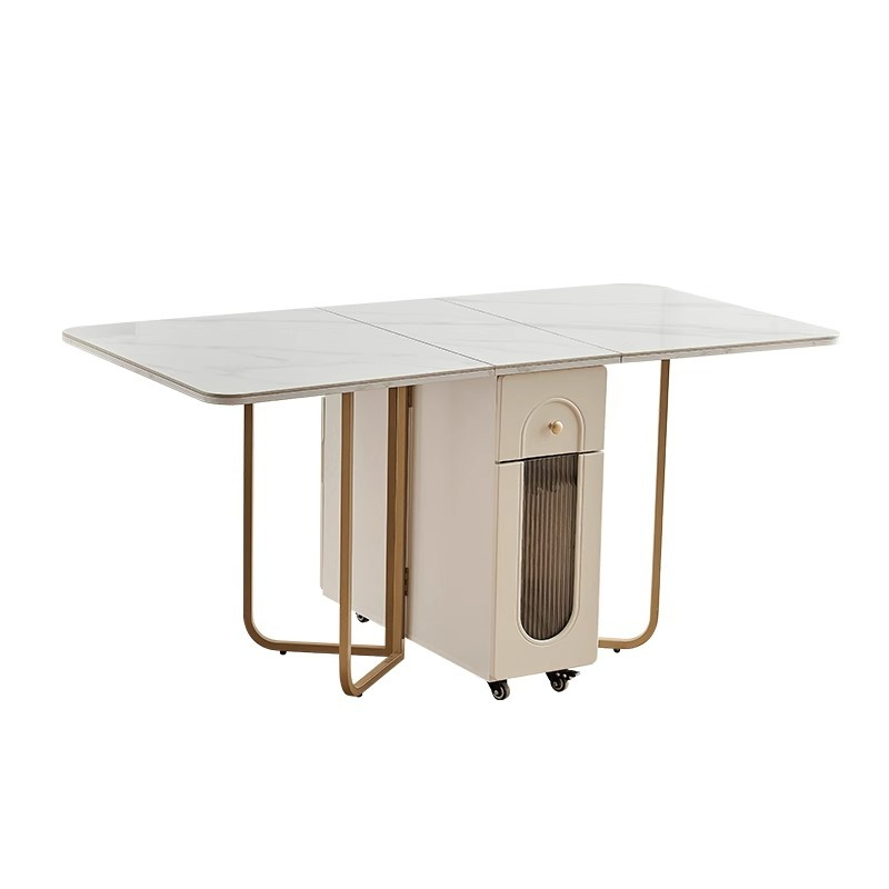 Solid wood rock panel folding dining table, glass wine cabinet, integrated small household, expandable rectangular dining folding table-Smart-Living