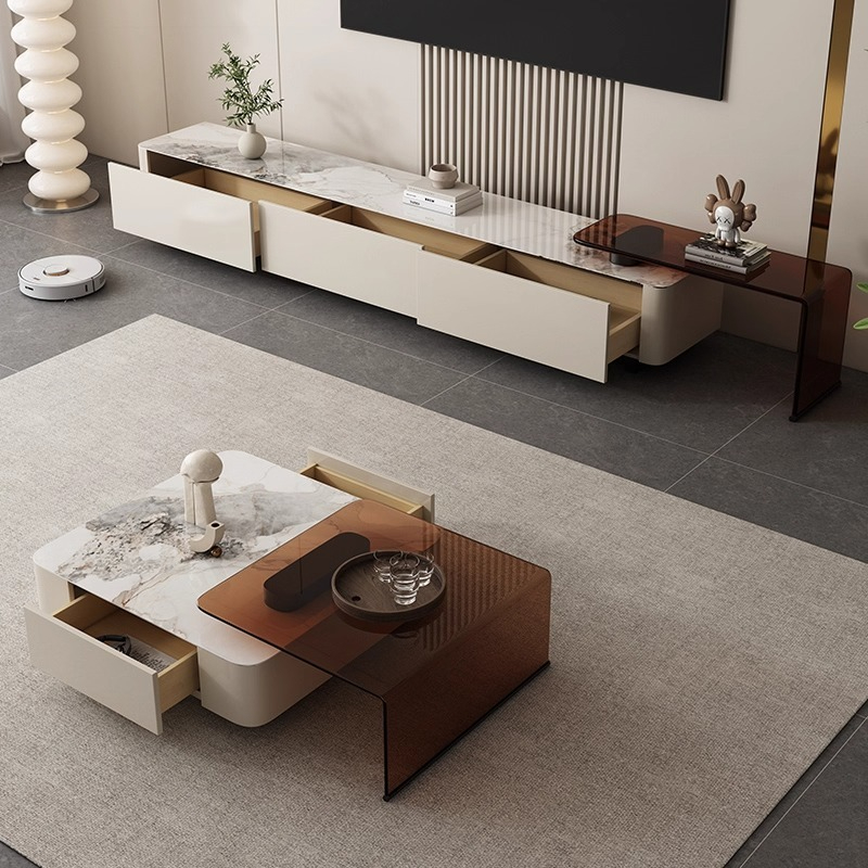 (Pre-Order/BTO Package)Italian-Style Extendable TV Cabinet Set – Modern Minimalist Luxury with Glass and Rock Panel Design