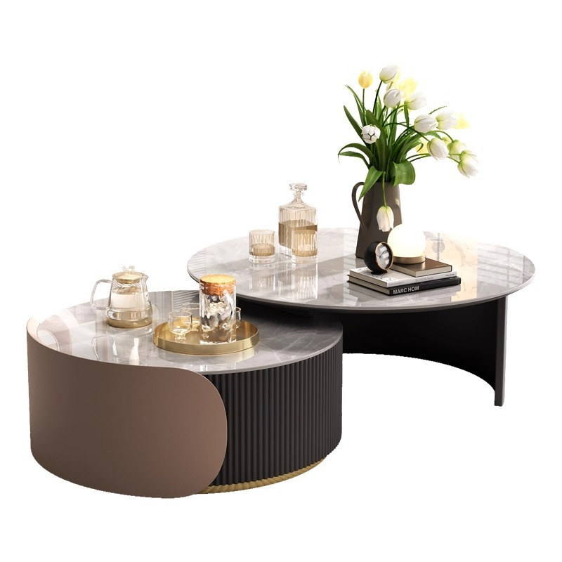 PRE ORDER / BTO PACKAGE - VR - Coffee Table - FD-607 Stone Panel Coffee Table - Simple and Modern, Suitable for Various Home Sizes, Extendable Round Side Table Set