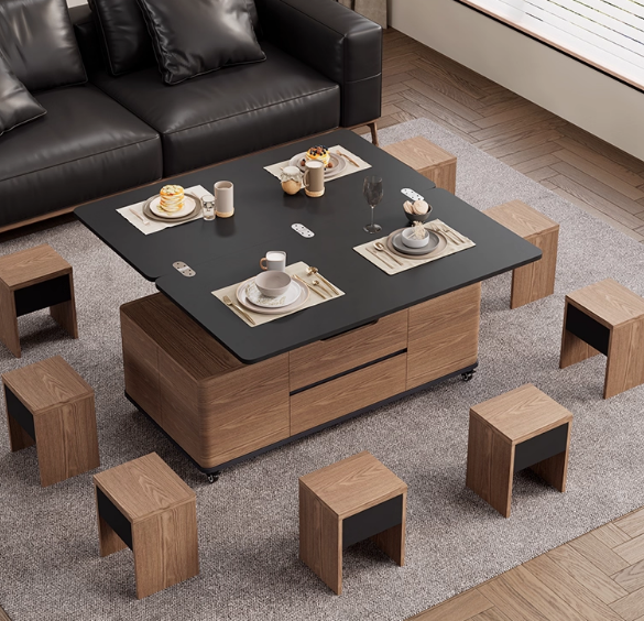 PRE ORDER / BTO PACKAGE - VR - Coffee table -9019# Movable Lift-Top Coffee Dining Table 2-in-1 with Stools – Space-Saving Multi-Functional Furniture for Small Apartments, Made with Stone Panel
