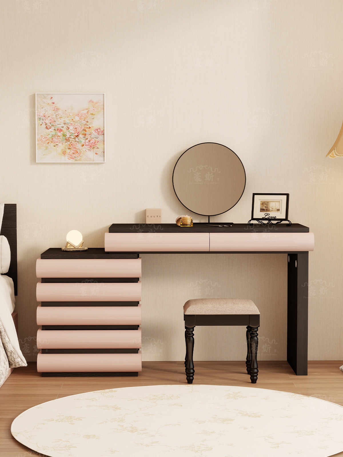 BSYR-IWD-01[PRE-ORDER] Modern Minimalist Cream Vanity with Irregular Wave Drawers, Bedroom Dressing Table with Mirror