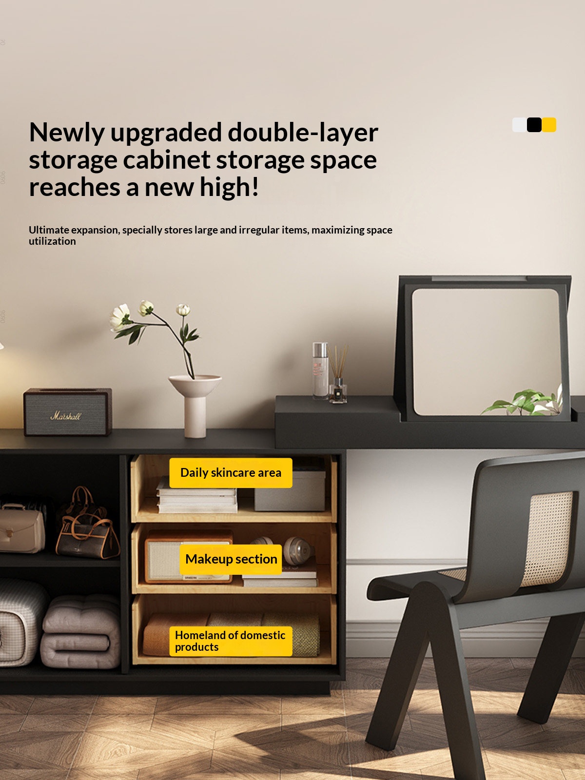 BSYR-BVD-01 [PRE-ORDER] Black & Wood Vanity Dresser – Hidden Makeup Storage + 9-Drawer Chest, Organizer & Makeup Station