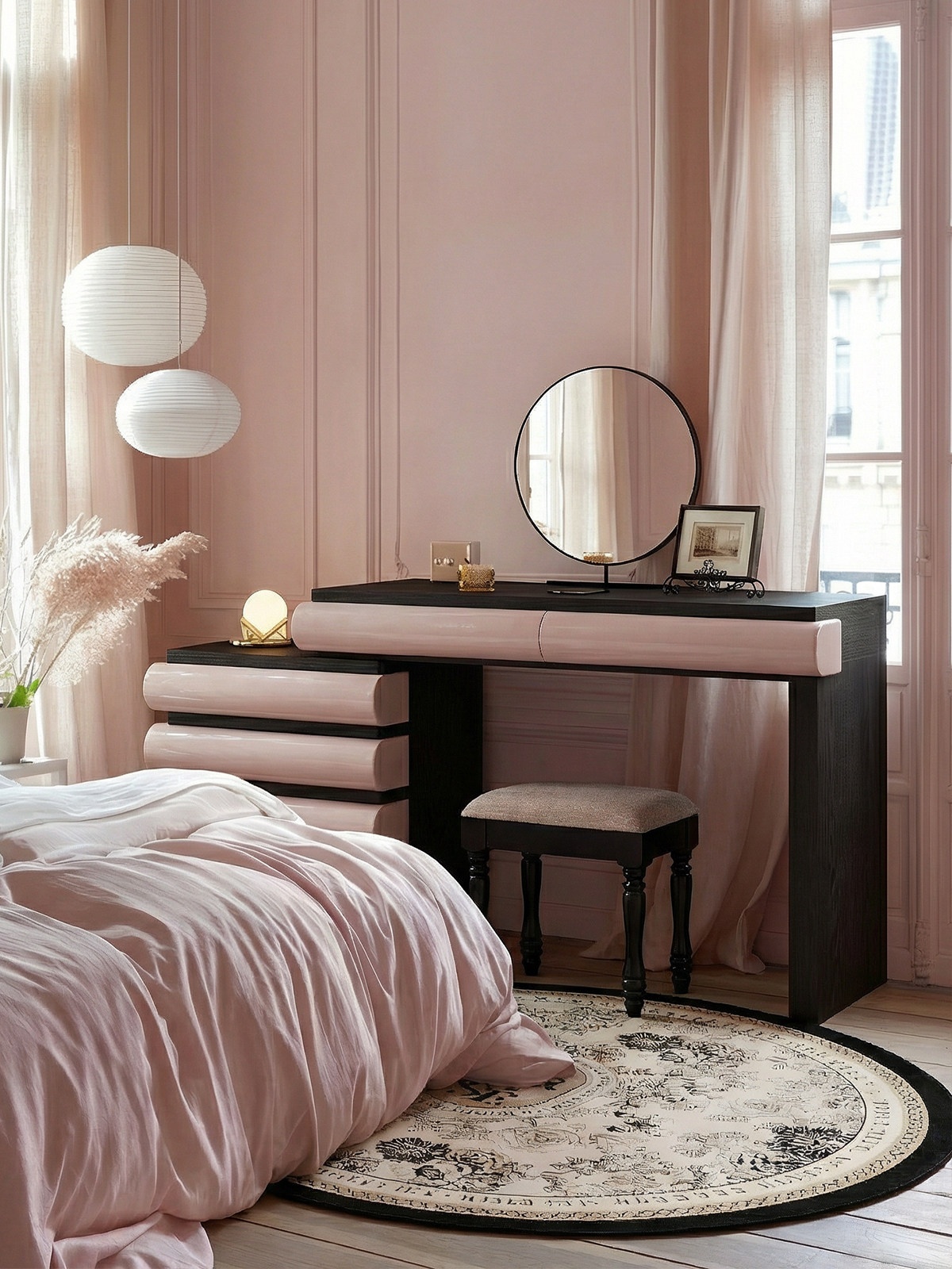 BSYR-IWD-01[PRE-ORDER] Modern Minimalist Cream Vanity with Irregular Wave Drawers, Bedroom Dressing Table with Mirror