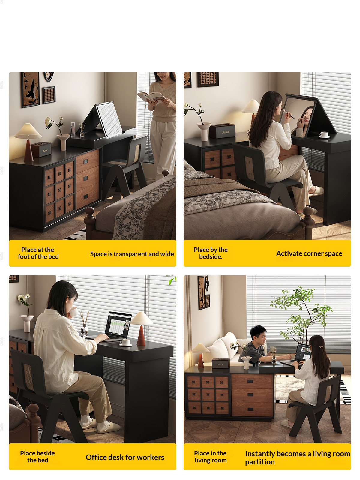 BSYR-BVD-01 [PRE-ORDER] Black & Wood Vanity Dresser – Hidden Makeup Storage + 9-Drawer Chest, Organizer & Makeup Station