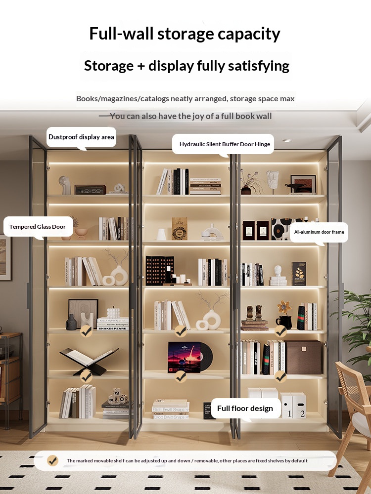XHA-BK-01 [PRE-ORDER]  oak bookcase, solid wood display cabinet, curved glass doors; custom-made wall-mounted bookshelf 