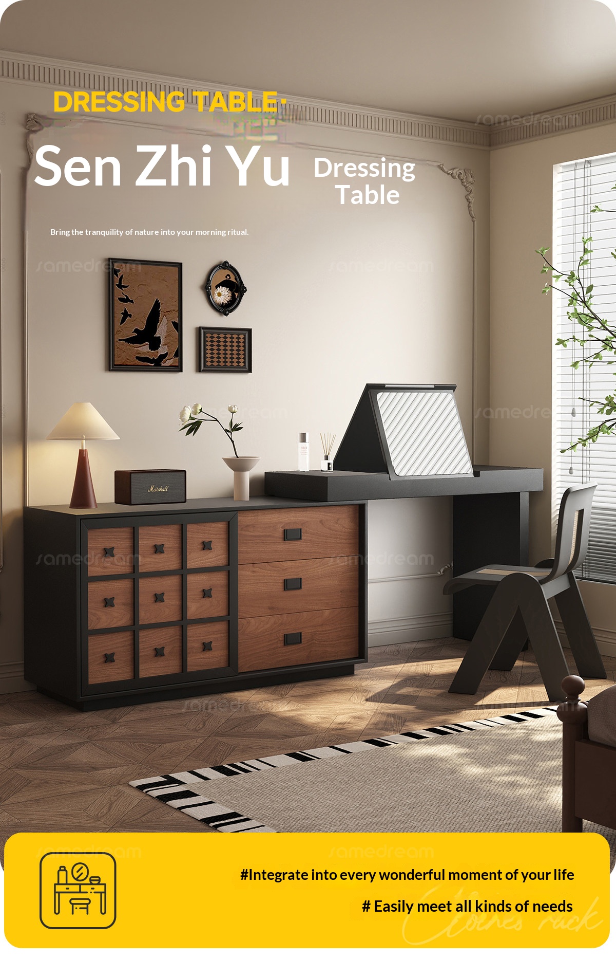 BSYR-BVD-01 [PRE-ORDER] Black & Wood Vanity Dresser – Hidden Makeup Storage + 9-Drawer Chest, Organizer & Makeup Station