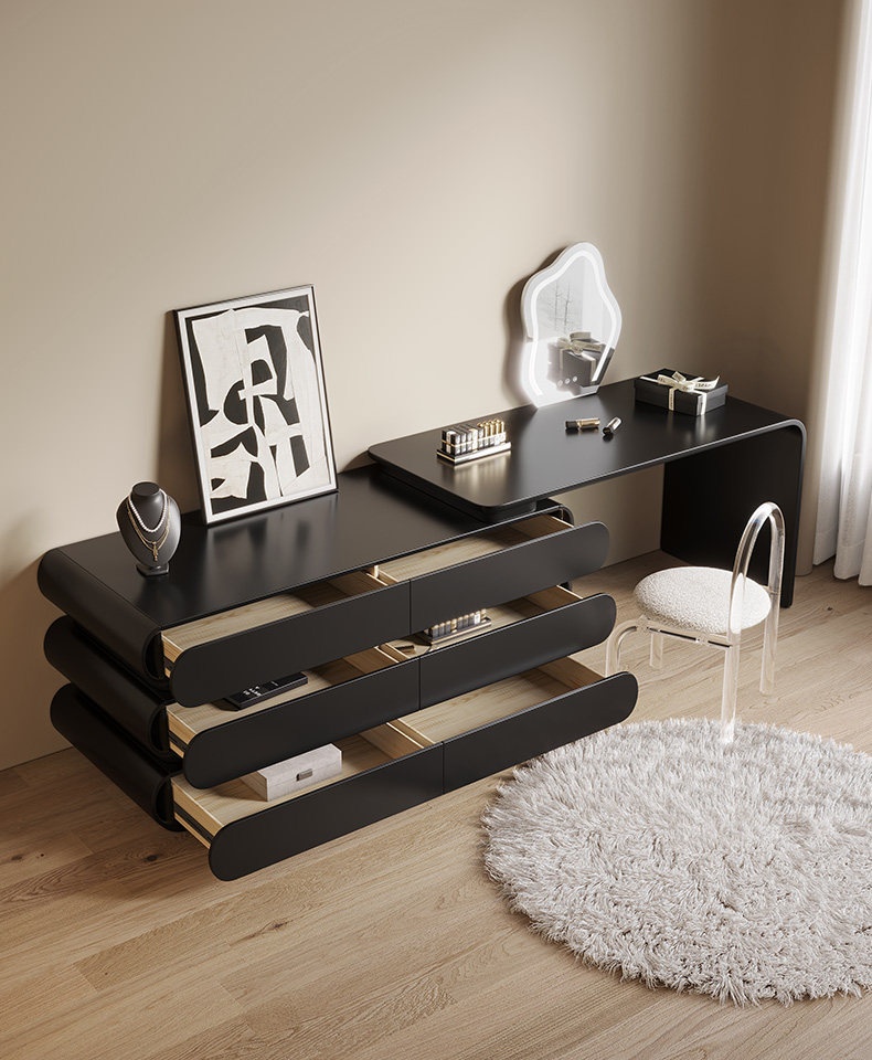 BSYR-BVD-01 [PRE-ORDER] Minimalist Black Vanity Dresser – Multi-Compartment Makeup Station with Mirror, Bedroom Furniture