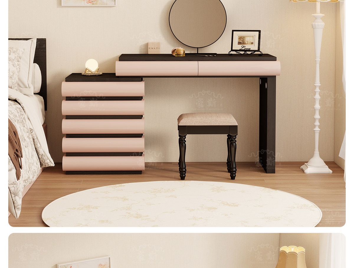 BSYR-IWD-01[PRE-ORDER] Modern Minimalist Cream Vanity with Irregular Wave Drawers, Bedroom Dressing Table with Mirror