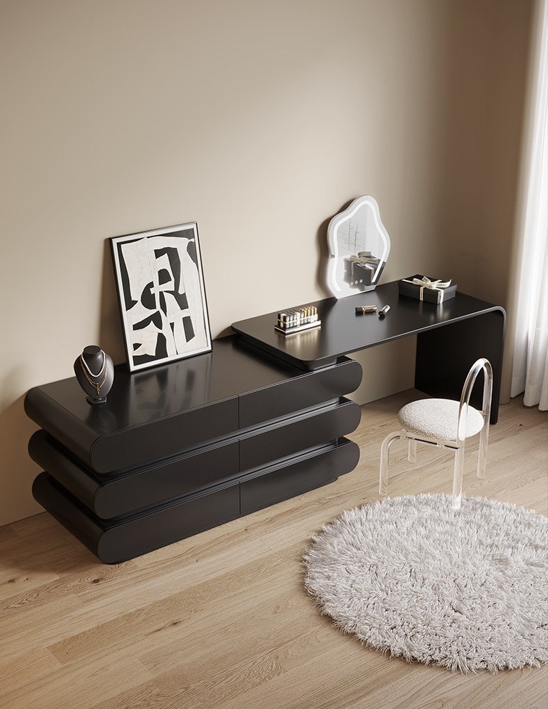 BSYR-BVD-01 [PRE-ORDER] Minimalist Black Vanity Dresser – Multi-Compartment Makeup Station with Mirror, Bedroom Furniture