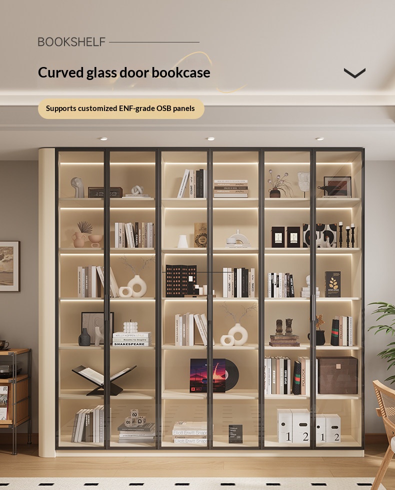 XHA-BK-01 [PRE-ORDER]  oak bookcase, solid wood display cabinet, curved glass doors; custom-made wall-mounted bookshelf 
