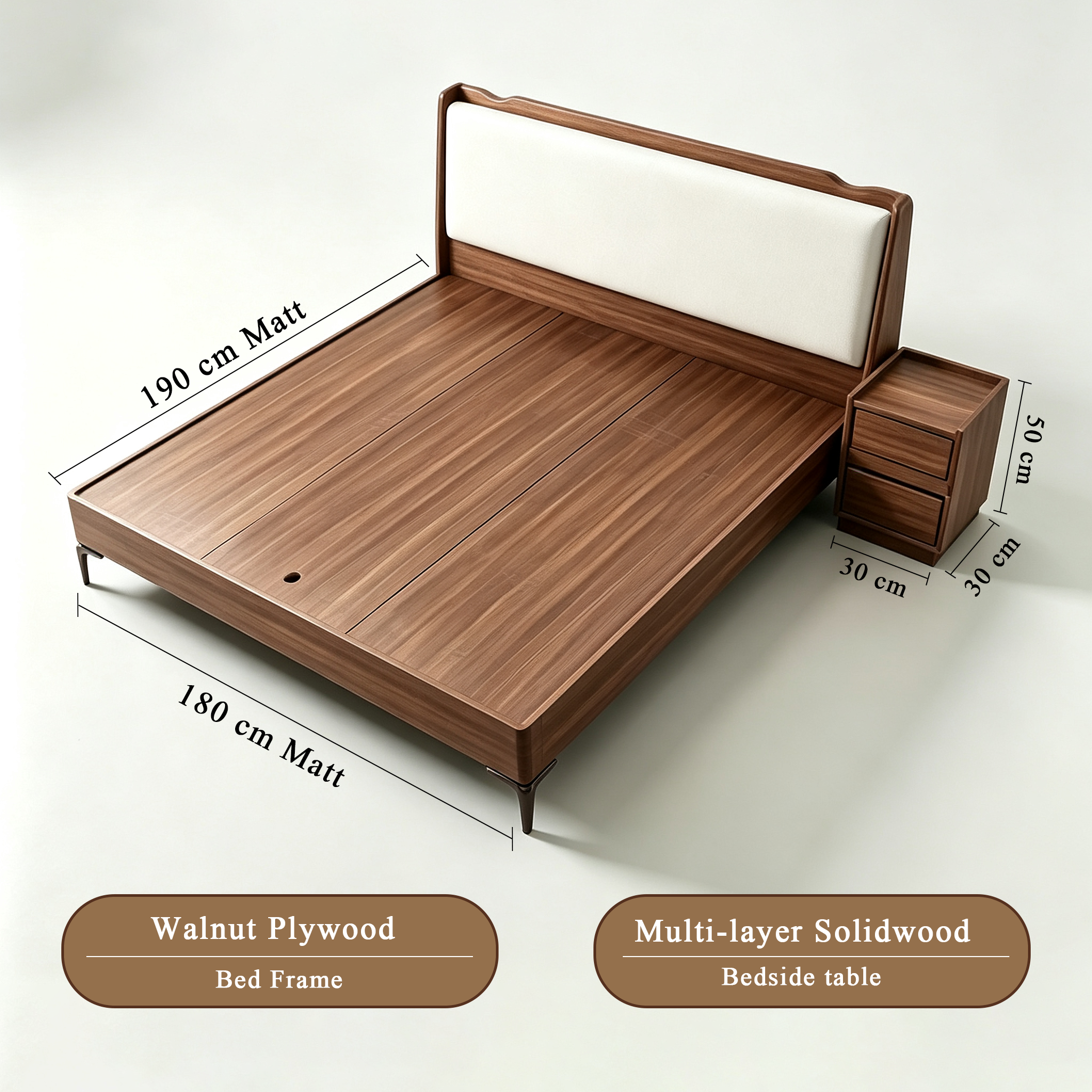 [Pre-order] Space Saving Walnut Bed and Nightstand with Soft White Padding and Sturdy Plywood Frame for SG Homes