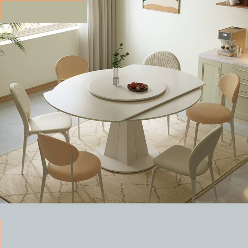 [Pre-order]  Cream style dining table and chair combination simple modern household rotary telescopic dining table small apartment multi-functional slate dining table-Smart-Living