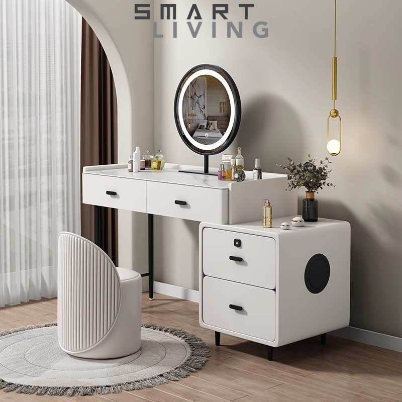 【Showroom】Intelligent solid wood rock board dressing table, multifunctional bedroom desk, all solid wood touch skin intelligent dressing table, makeup table-Smart-Living