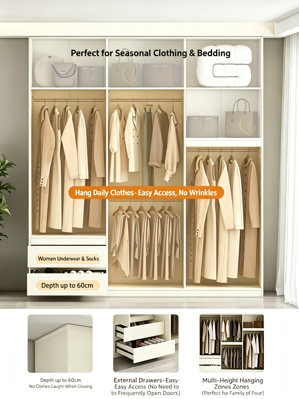 Custom Handle-Free Segmented Wardrobe | Solid Wood OSB Board | ENF Grade | Full Height Bedroom Cabinet