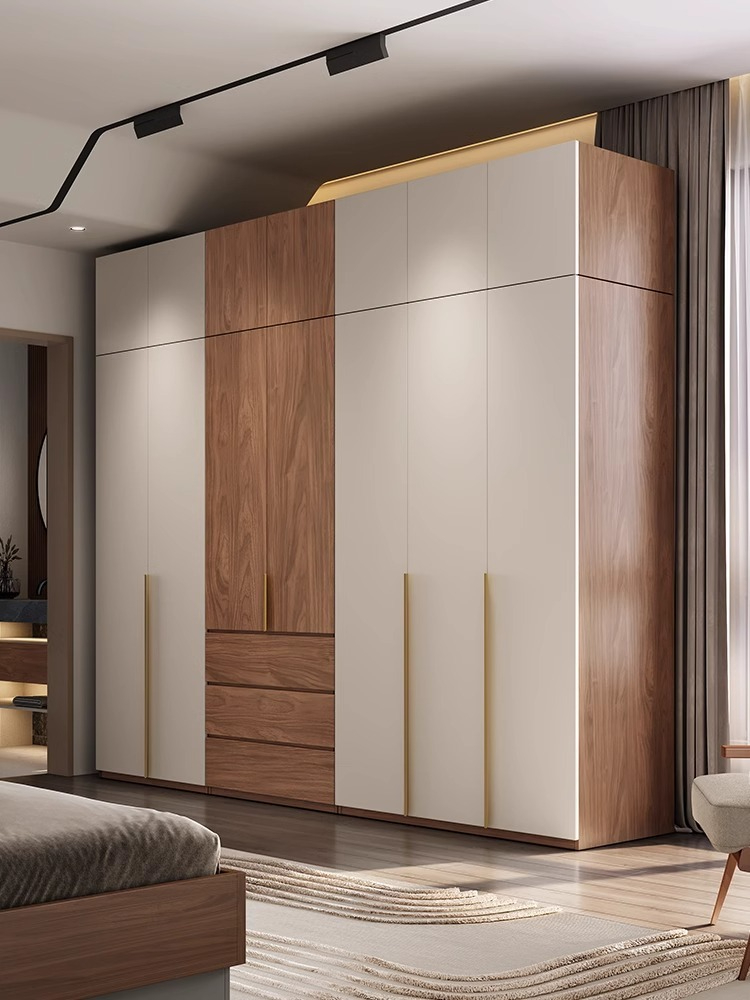 [Pre-order]  Wardrobe home bedroom Nordic style economy modern simple combination of small apartment walnut color finished assembly cabinet-Smart-Living
