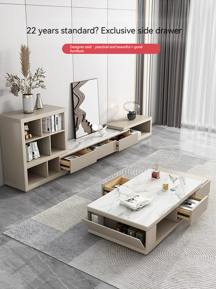 [Pre-order] Rock panel coffee table living room household light luxury simple modern coffee table TV cabinet cream wind 2023 new telescopic coffee table-Smart-Living