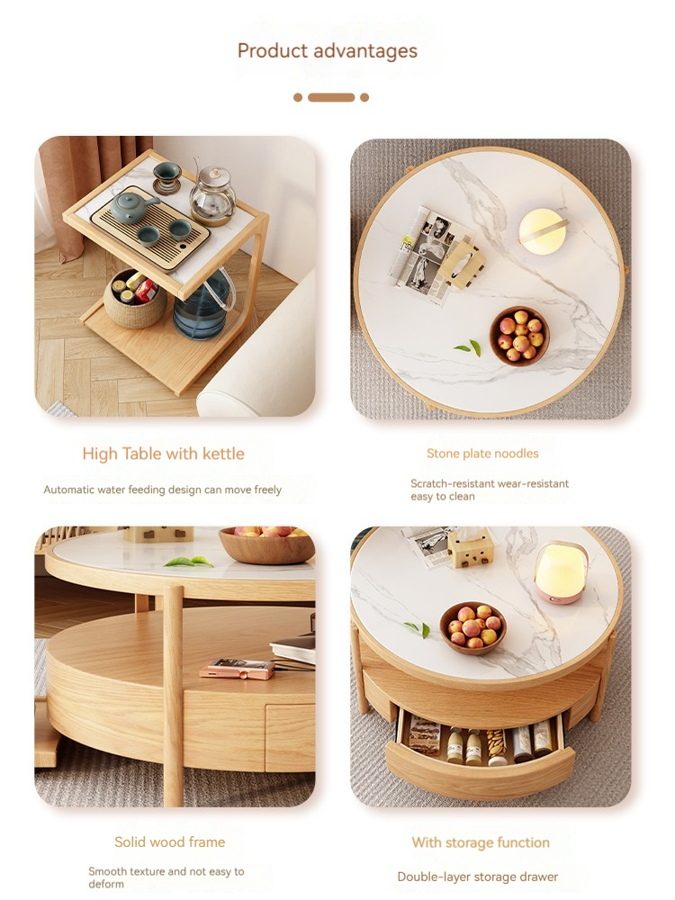 [Pre-order] Japanese-style log style Kung Fu coffee table round slate home living room small apartment multi-functional balcony boiling water tea table-Smart-Living