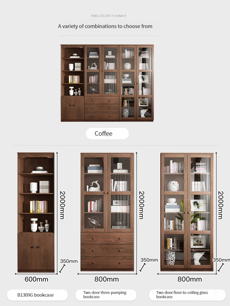A modern minimalist bookcase with a freestanding design and doors suitable for home study