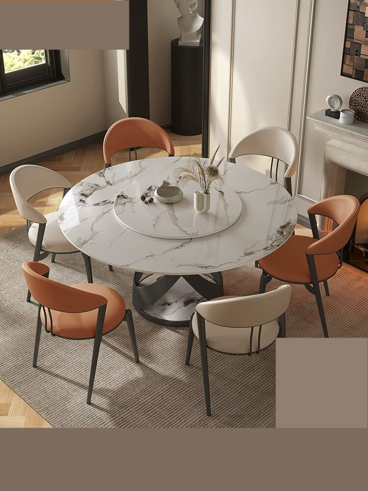 [Pre-order] Table light luxury modern simple small family table with turntable dining table and chair combination light rock plate round table-Smart-Living