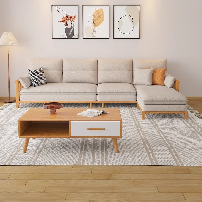 [pre order]Nordic solid wood sofa combination simple modern fabric chaise on corner sofa small apartment living room furniture-Smart-Living