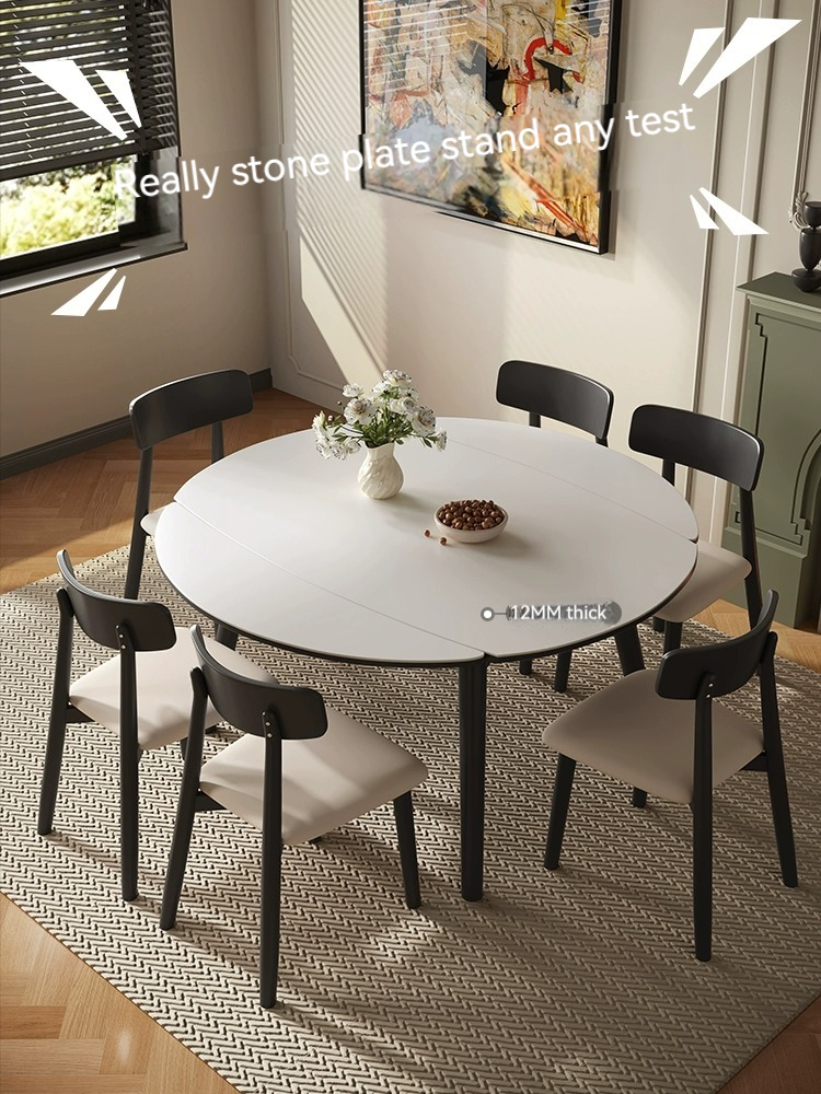[Pre-order] Solid wood table modern simple telescopic dining table and chair combination variable round table and square dual use light rock plate table-Smart-Living