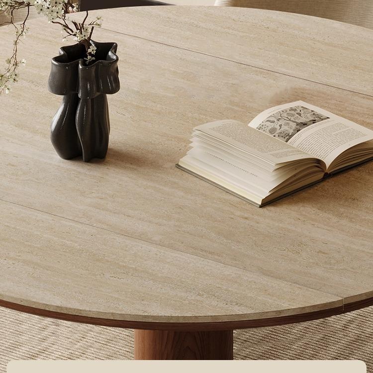[PRE-ORDER] Solid Oak Bauhaus Travertine Slab Extendable Dining Table, Apartment Dual-Use Folding Table and Chair Set.