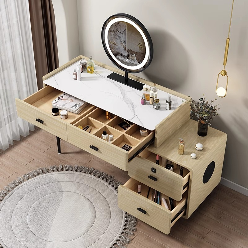【Showroom】Intelligent solid wood rock board dressing table, multifunctional bedroom desk, all solid wood touch skin intelligent dressing table, makeup table-Smart-Living