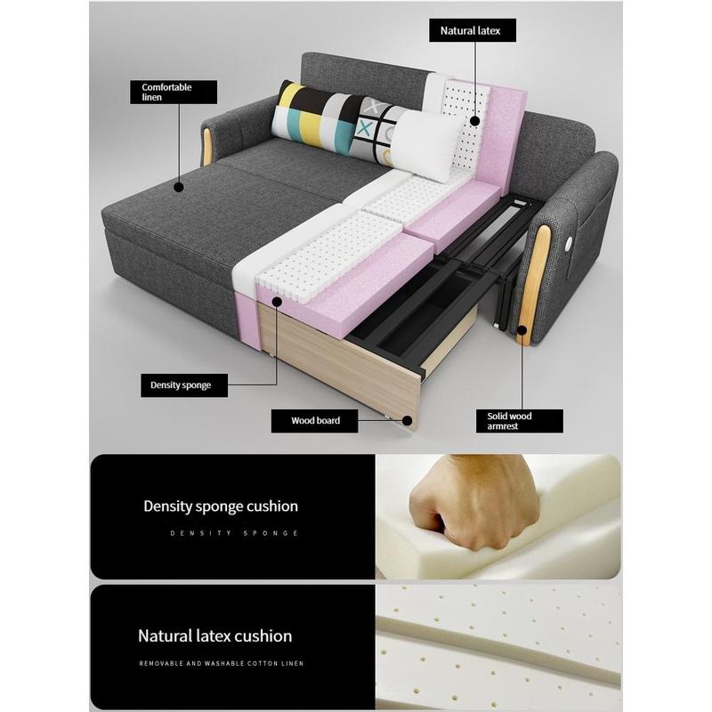 [Pre-order]Fabric sofa bed, multi-functional foldable sofa, small household, solid wood 1.5 meters, double 1.8 meters can be stored-Smart-Living