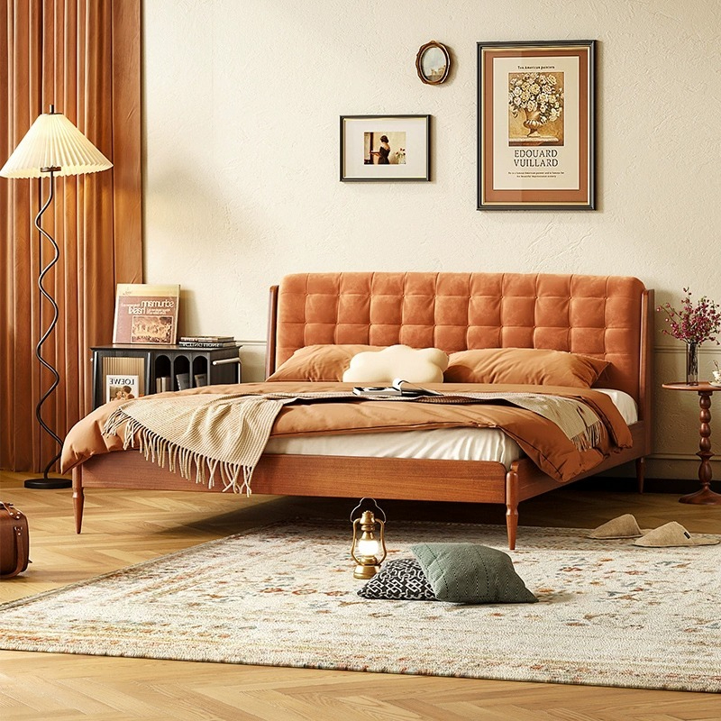 [Pre-order]  All solid wood bed, Nordic double bed, master bedroom 1.8M boxwood vintage simple 1.5M vintage small upholstered bed-Smart-Living