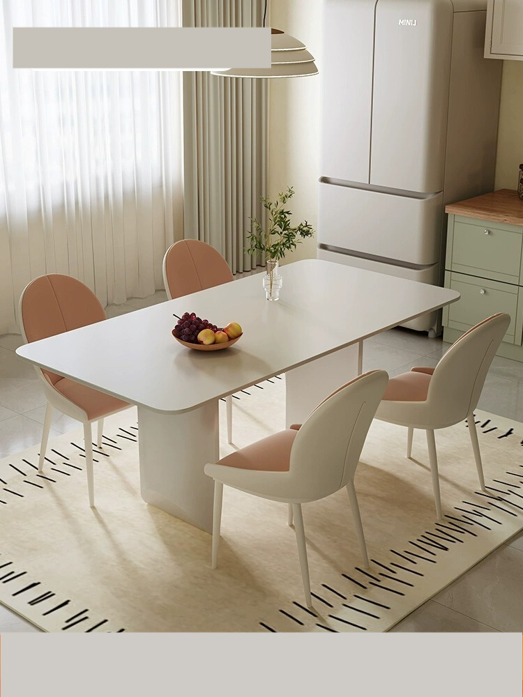 [Pre-order] French cream wind rock plate table small apartment modern simple family dining table white rectangular dining table and chair combination-Smart-Living
