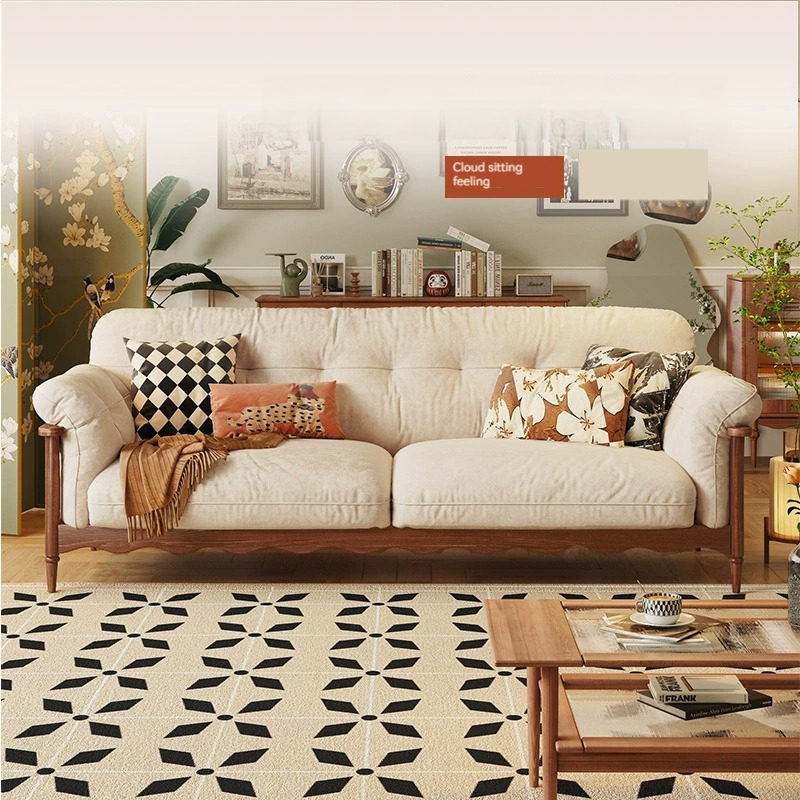 [Pre-order]  French solid wood sofa, vintage fabric cloud, three-seater small house, American log antique cream inline sofa-Smart-Living