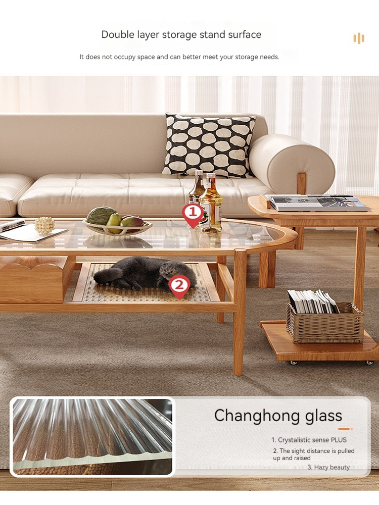[Pre-order] Solid wood coffee table living room rattan log color tea table Japanese style home small apartment simple modern glass table-Smart-Living