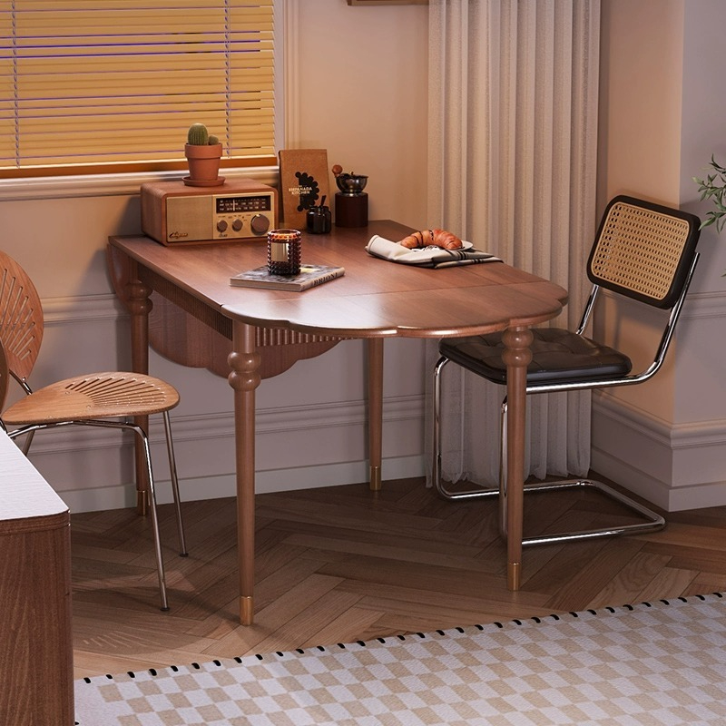 [Pre-order]  Solid wood dining table foldable French vintage household small apartment oval table antique telescopic dining table and chair combination-Smart-Living