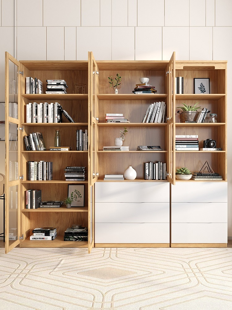 [Pre-order]  Modern minimalist study bookcase with glass door Nordic free combination bookshelf, natural wood color, double door bookcase, storage cabinet-Smart-Living