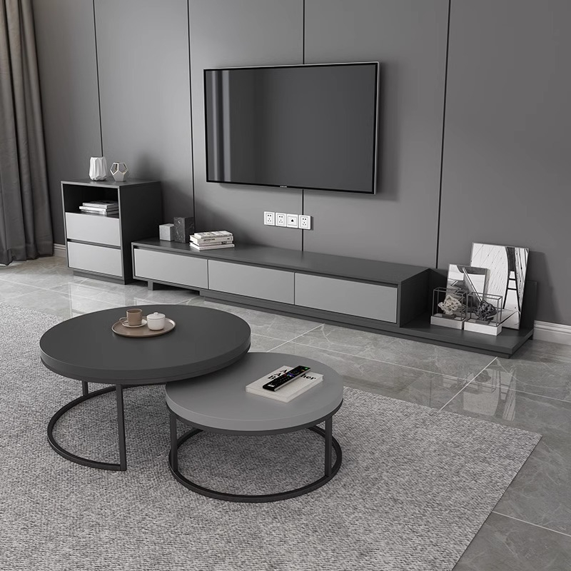 [Pre-order] Oulang Scandinavian simple living room coffee table and TV cabinet combination modern style home retractable creative grey floor cabinet-Smart-Living