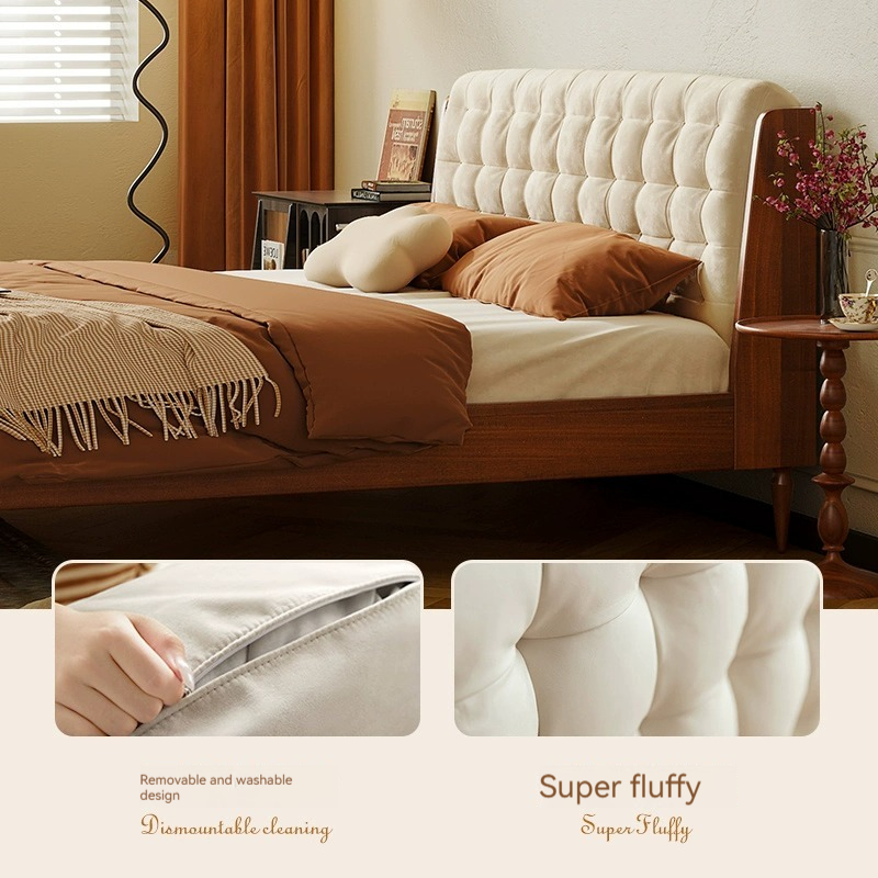 [Pre-order]  All solid wood bed, Nordic double bed, master bedroom 1.8M boxwood vintage simple 1.5M vintage small upholstered bed-Smart-Living