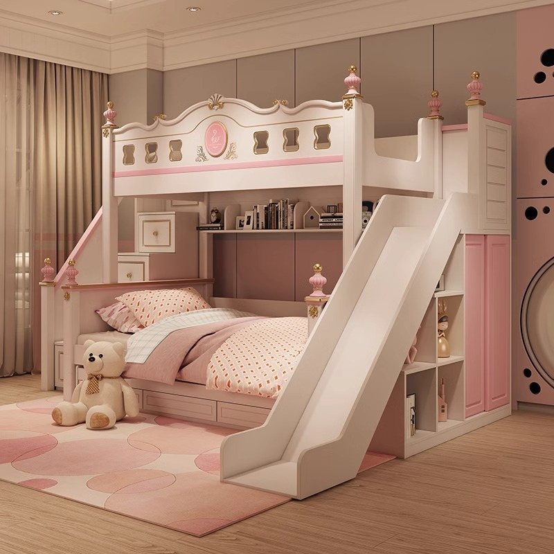 [Pre-order]  American noble children's bed, double height bed, girl princess bed, slide, bed, mother bed, multifunctional-Smart-Living