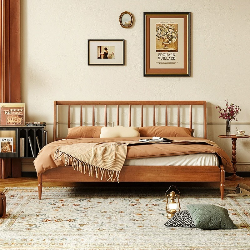 [Pre-order]  All solid wood bed, Nordic double bed, master bedroom 1.8M boxwood vintage simple 1.5M vintage small upholstered bed-Smart-Living