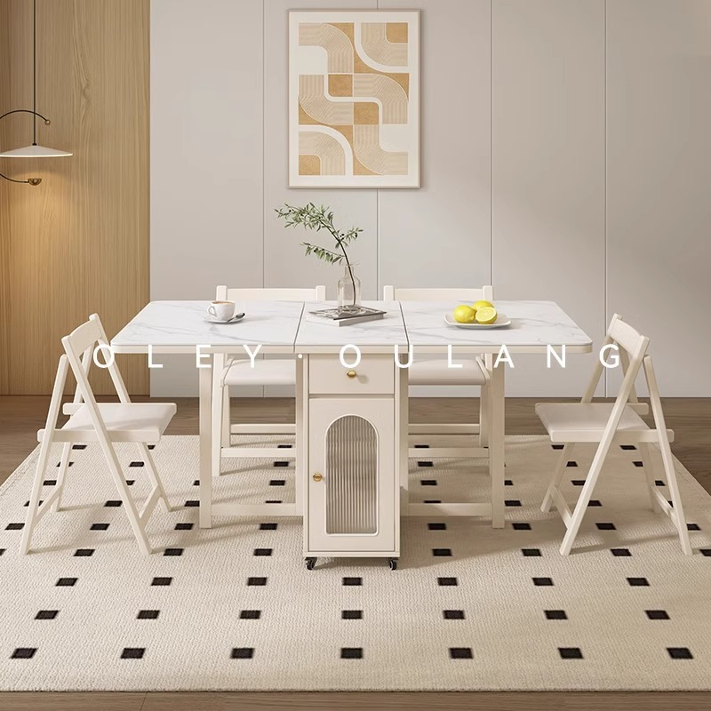 [Pre-order] Oulang Cream wind folding rock plate dining table and chairs combination rental room home small household simple movable rectangular eating-Smart-Living