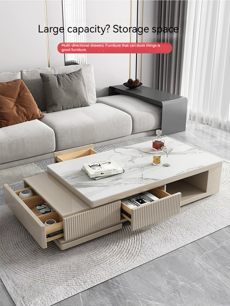 [Pre-order] Rock panel coffee table living room household light luxury simple modern coffee table TV cabinet cream wind 2023 new telescopic coffee table-Smart-Living