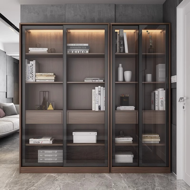 [Pre-order] Oulang Scandinavian solid wood feet floor bookcase bookshelf combination simple with glass sliding door storage large bookcase shelves-Smart-Living