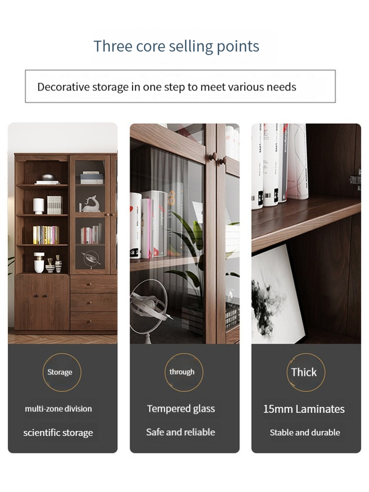 A modern minimalist bookcase with a freestanding design and doors suitable for home study