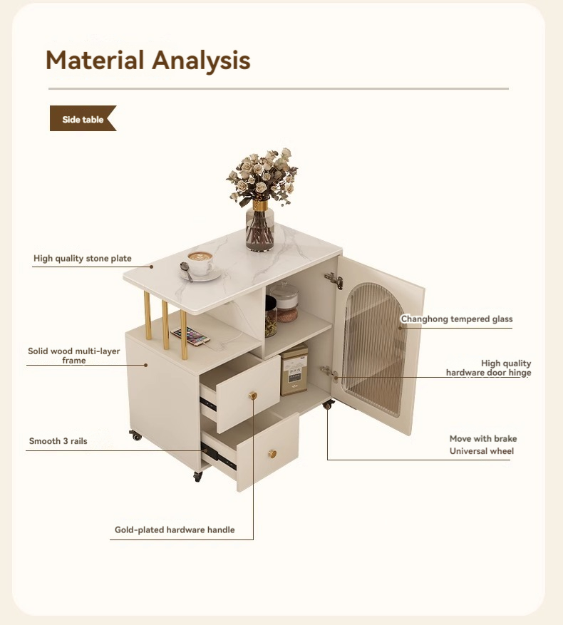 [Pre-order] Oulang French solid wood cream rock board sofa with side cabinets, living room with movable white corners, small square table-Smart-Living
