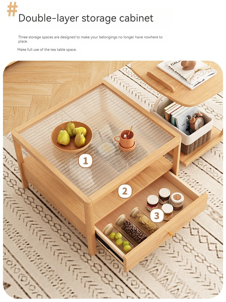 [Pre-order] Japanese style log style coffee table solid wood living room home small apartment wabi-sabi style Changhong glass multi-functional mobile side table-Smart-Living