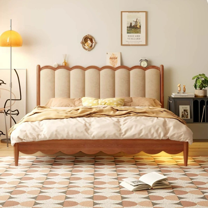[Pre-order]  French vintage solid wood bed cream style soft bag double simple Nordic master bedroom ripple bed American furniture children's bed-Smart-Living