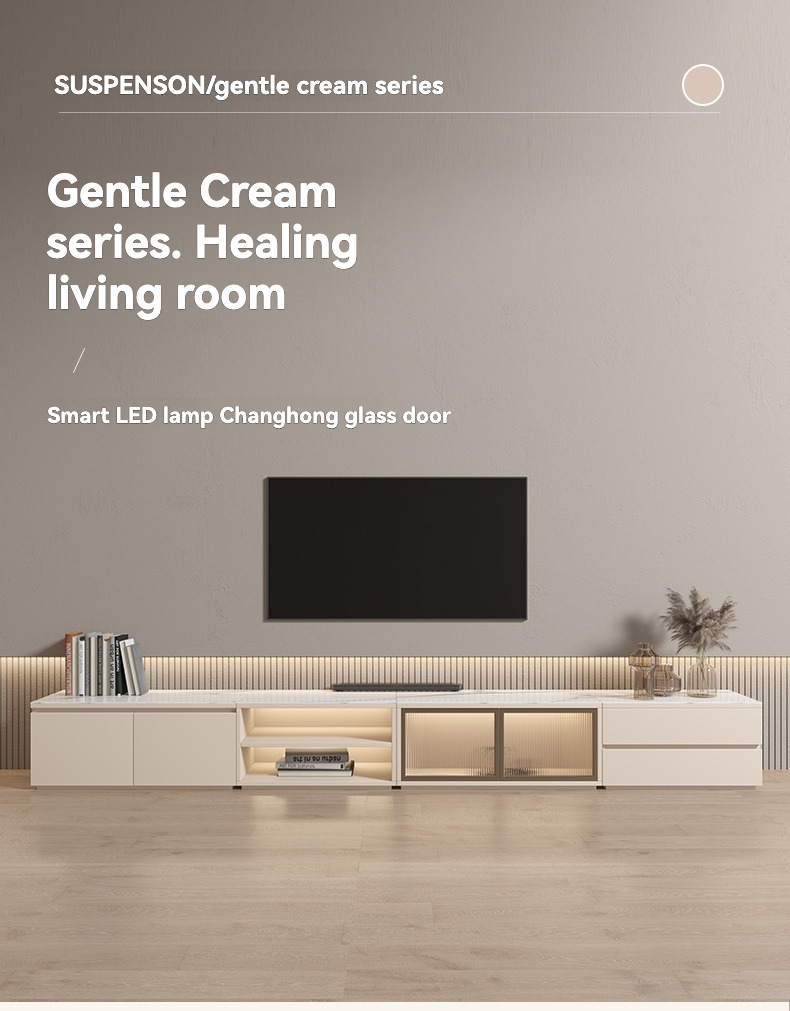 [Pre-order]French TV Cabinet and Tea Table Combination Modern Simple Home Living Room Solid Wood Cream Wind Storage Floor Cabinet TV Stand-Smart-Living