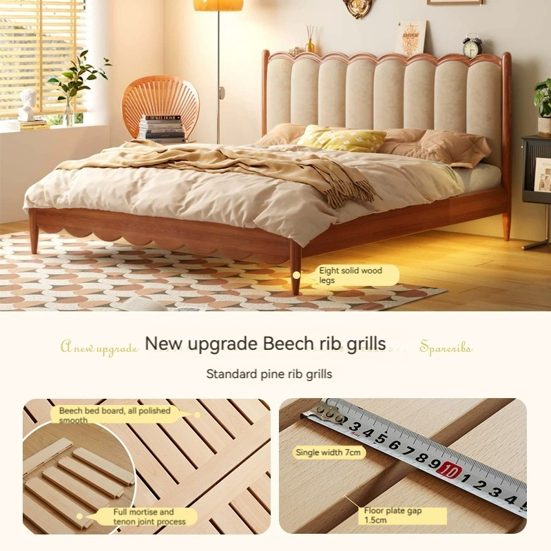[Pre-order]  French vintage solid wood bed cream style soft bag double simple Nordic master bedroom ripple bed American furniture children's bed-Smart-Living
