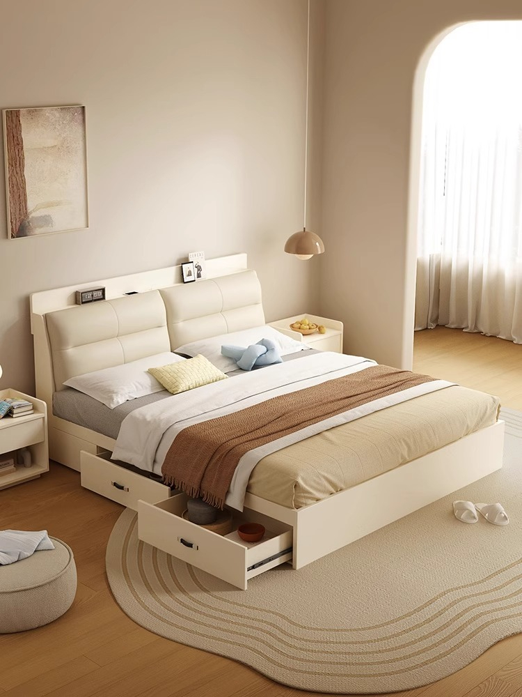 [Pre-order] Nordic Cream White Wooden Storage Bed (1.5/ 1.8m) – with Soft Headboard, Bedside Table and Mattress-Smart-Living